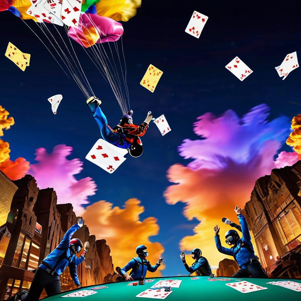 A dynamic scene capturing the exhilaration of extreme gambling, featuring a diverse group of thrill-seekers engaging in various gambling activities - skydiving with parachutes adorned with playing cards, a high-stakes poker game at the edge of a cliff, and people joyfully celebrating their wins in a vibrant casino environment. Added elements like colorful chips flying through the air and neon lights reflecting the excitement. super-realistic. vibrant colors. action-packed.