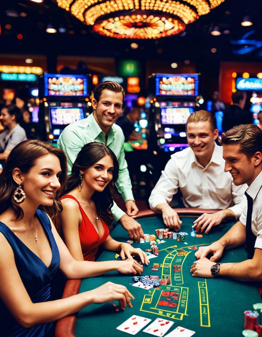 A lively casino scene showcasing a variety of joyful players engaged in Texas Hold'em poker and colorful fruit machines. Bright lights illuminate the atmosphere, with an array of chips and cards scattered on a green felt table, while vibrant fruit symbols pop out from the machines in the background. There are confetti and excitement in the air, creating a festive vibe. super-realistic. vibrant colors. dynamic composition.