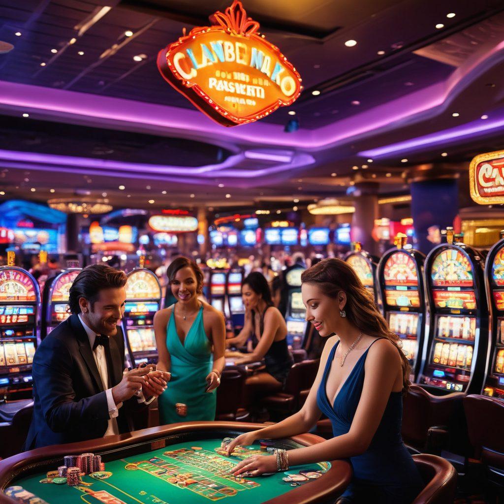 A vibrant casino scene filled with colorful lights, slot machines, and poker tables bustling with excited players. Include a mix of high-stakes games in action, showcasing a diverse group of players celebrating wins and anxiously strategizing. Add a glamorous, high-energy atmosphere with iconic casino symbols like dice and playing cards subtly integrated into the background. A bold neon sign reading 'High Stakes Fun' accentuates the scene. vibrant colors. super-realistic.
